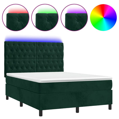 Letto a Molle con Materasso e LED Verde Scuro 140x200cm Velluto