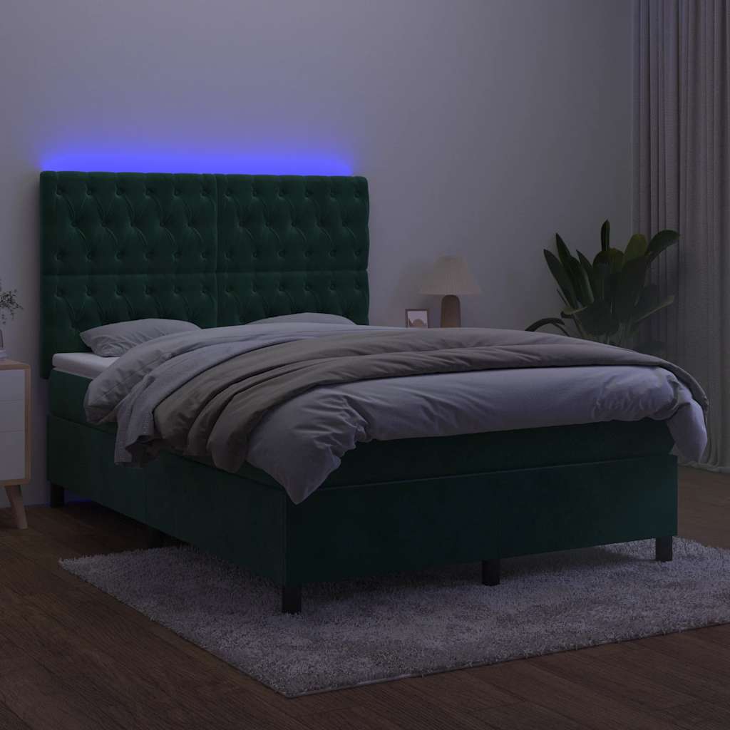 Letto a Molle con Materasso e LED Verde Scuro 140x200cm Velluto