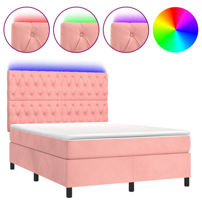 Letto a Molle con Materasso e LED Rosa 140x200 cm in Velluto | homemem39