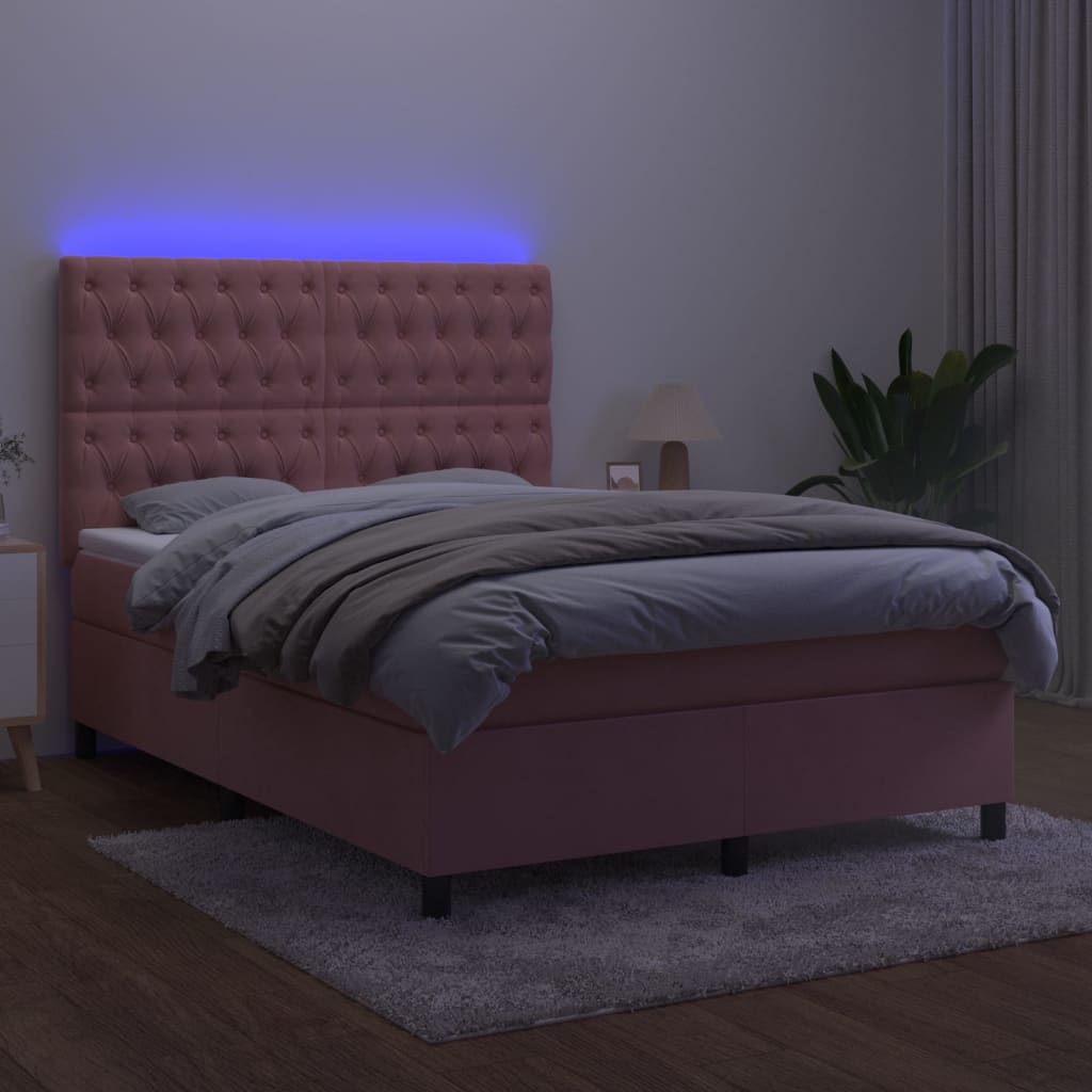 Letto a Molle con Materasso e LED Rosa 140x200 cm in Velluto