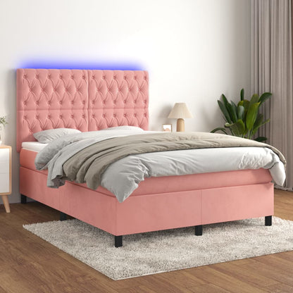 Letto a Molle con Materasso e LED Rosa 140x200 cm in Velluto | homemem39