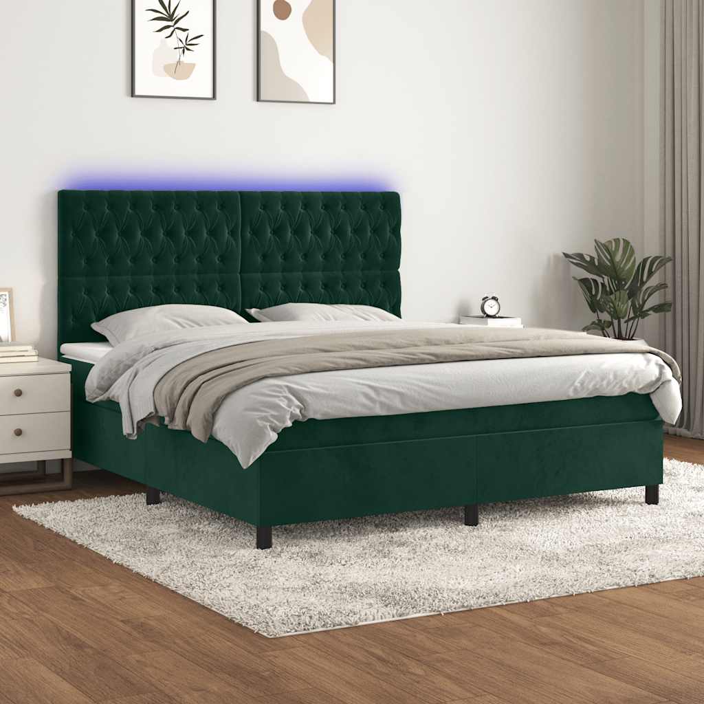 Letto a Molle con Materasso e LED Verde Scuro 180x200cm Velluto | homemem39
