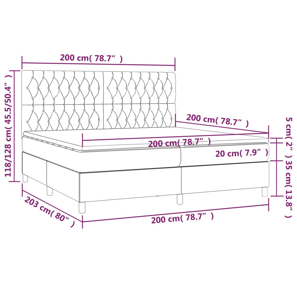 Letto a Molle con Materasso e LED Nero 200x200 cm in Velluto | homemem39