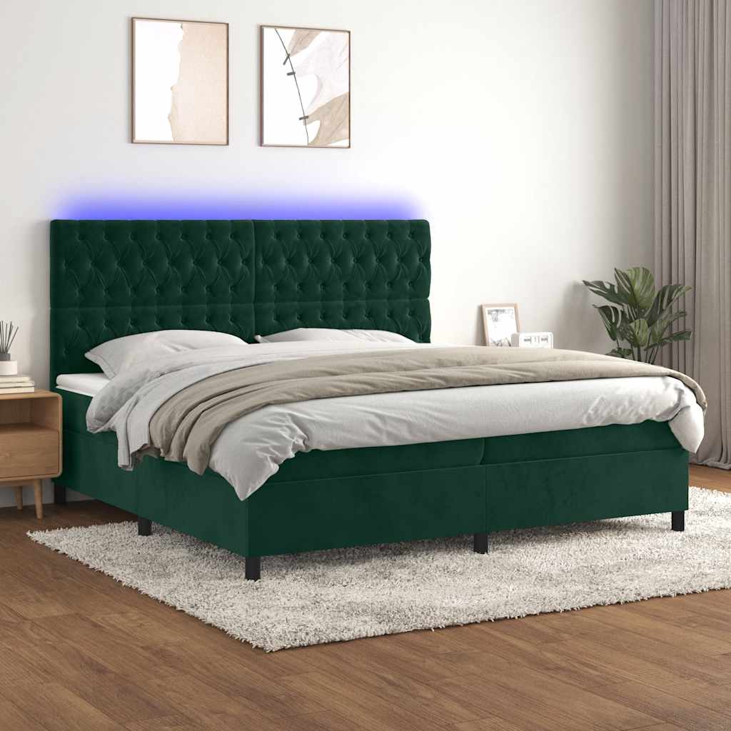 Letto a Molle con Materasso e LED Verde Scuro 200x200cm Velluto | homemem39