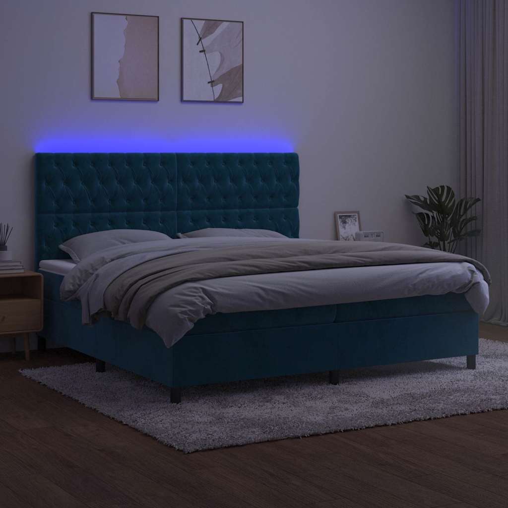 Letto a Molle con Materasso e LED Blu Scuro 200x200 cm