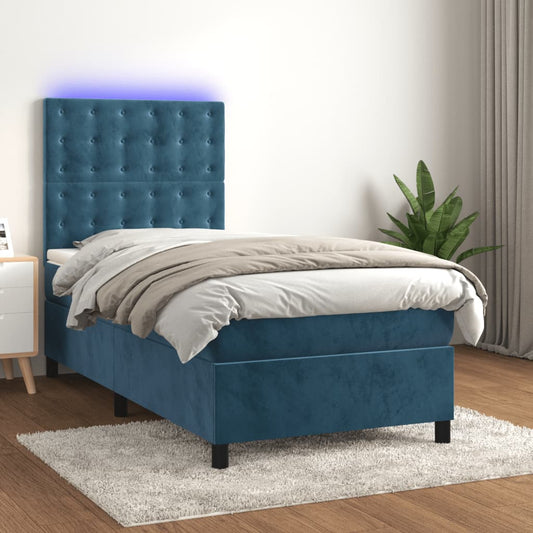 Letto a Molle con Materasso e LED Blu Scuro 90x190cm in Velluto - homemem39