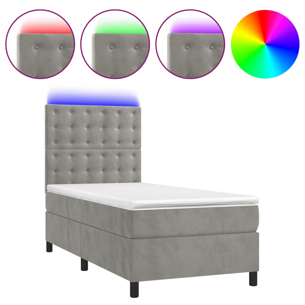 Letto a Molle Materasso e LED Grigio Chiaro 90x200 cm Velluto - homemem39