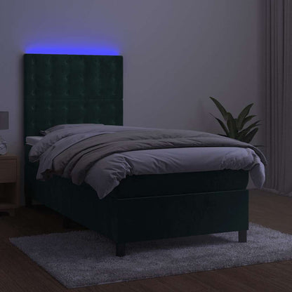 Letto a Molle con Materasso e LED Verde Scuro 90x200cm Velluto