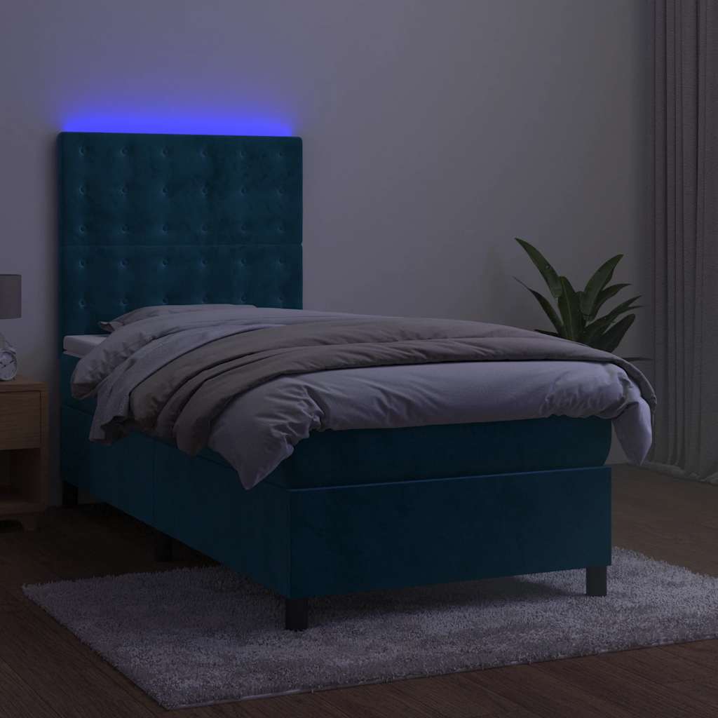 Letto a Molle con Materasso e LED Blu Scuro 90x200cm in Velluto