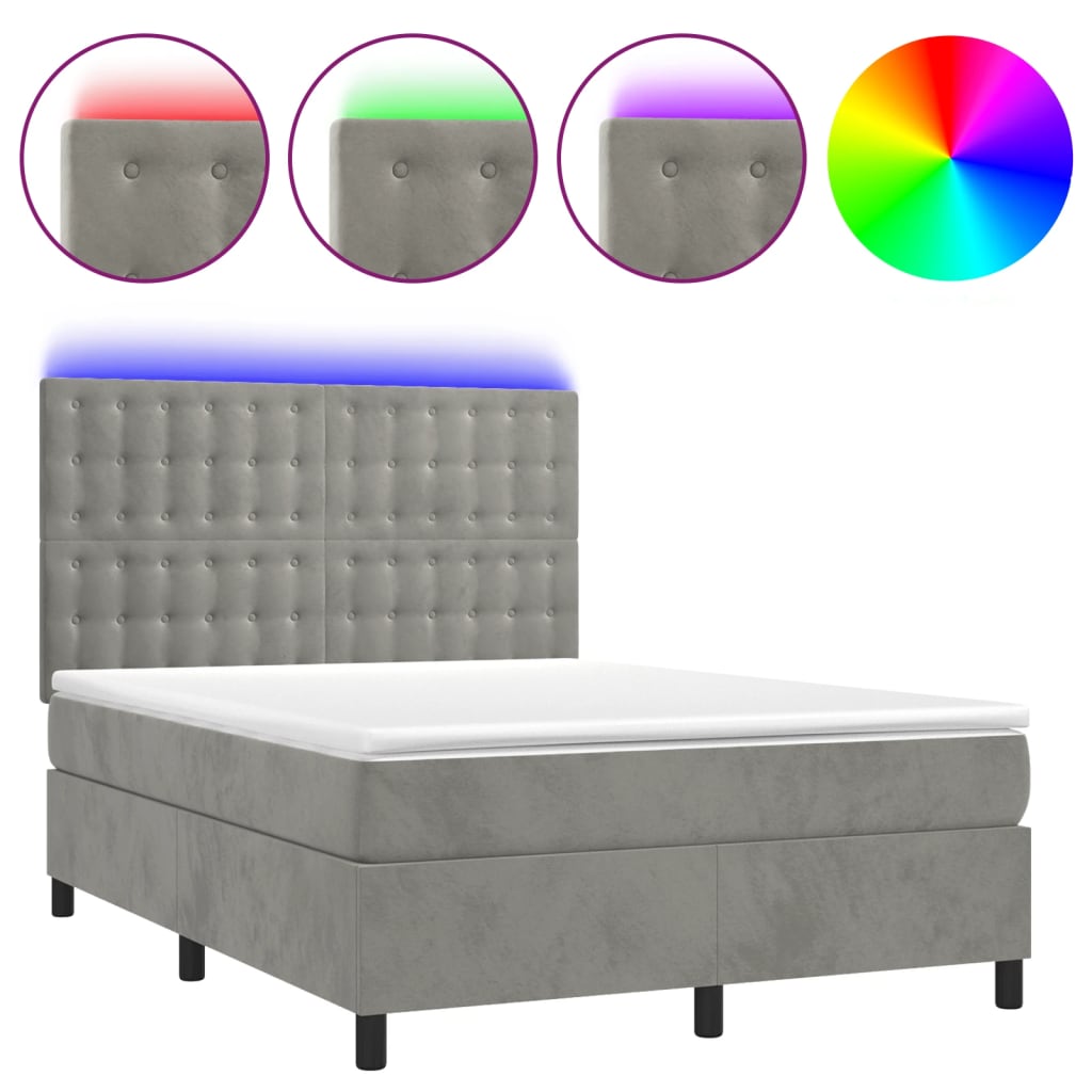 Letto a Molle Materasso e LED Grigio Chiaro 140x190 cm Velluto - homemem39