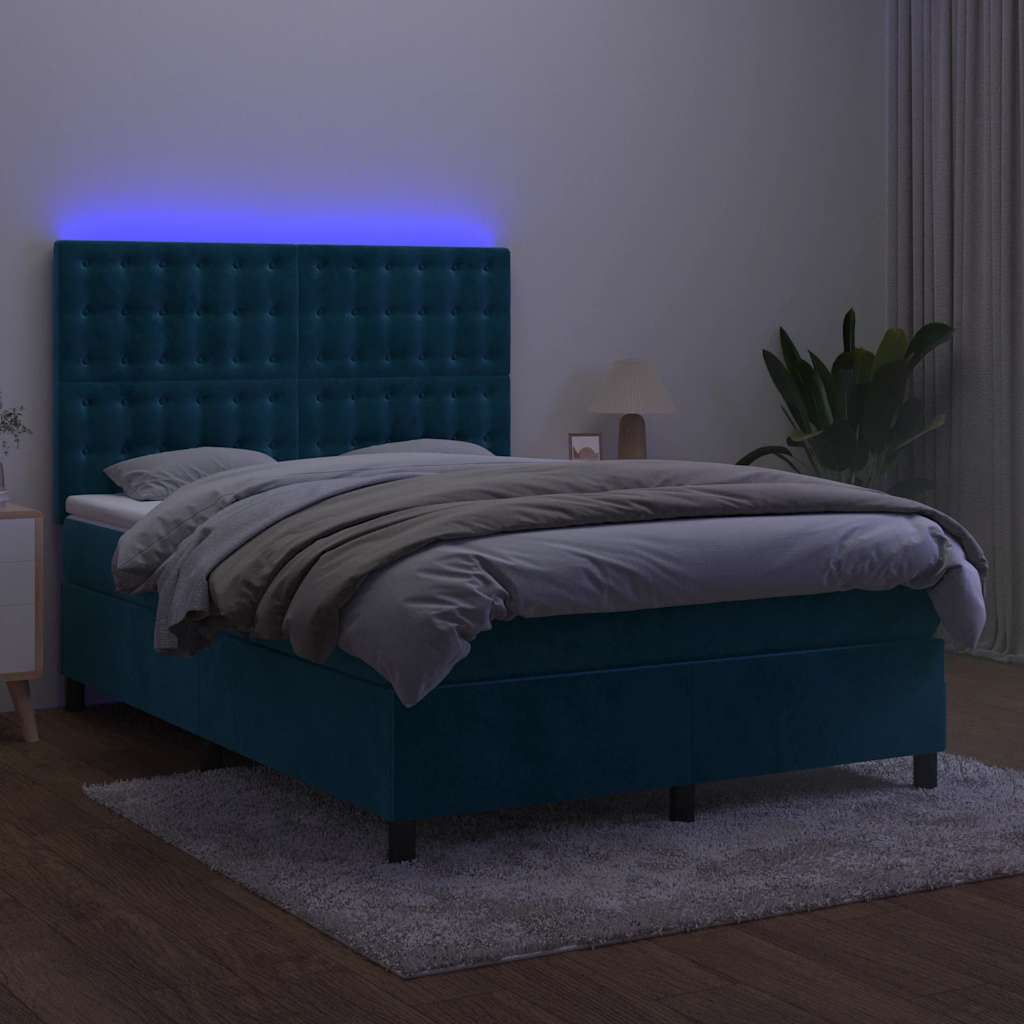 Letto a Molle con Materasso e LED Blu Scuro 140x190 cm