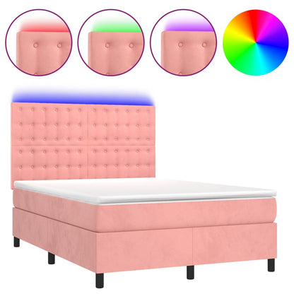 Letto a Molle con Materasso e LED Rosa 140x200 cm in Velluto