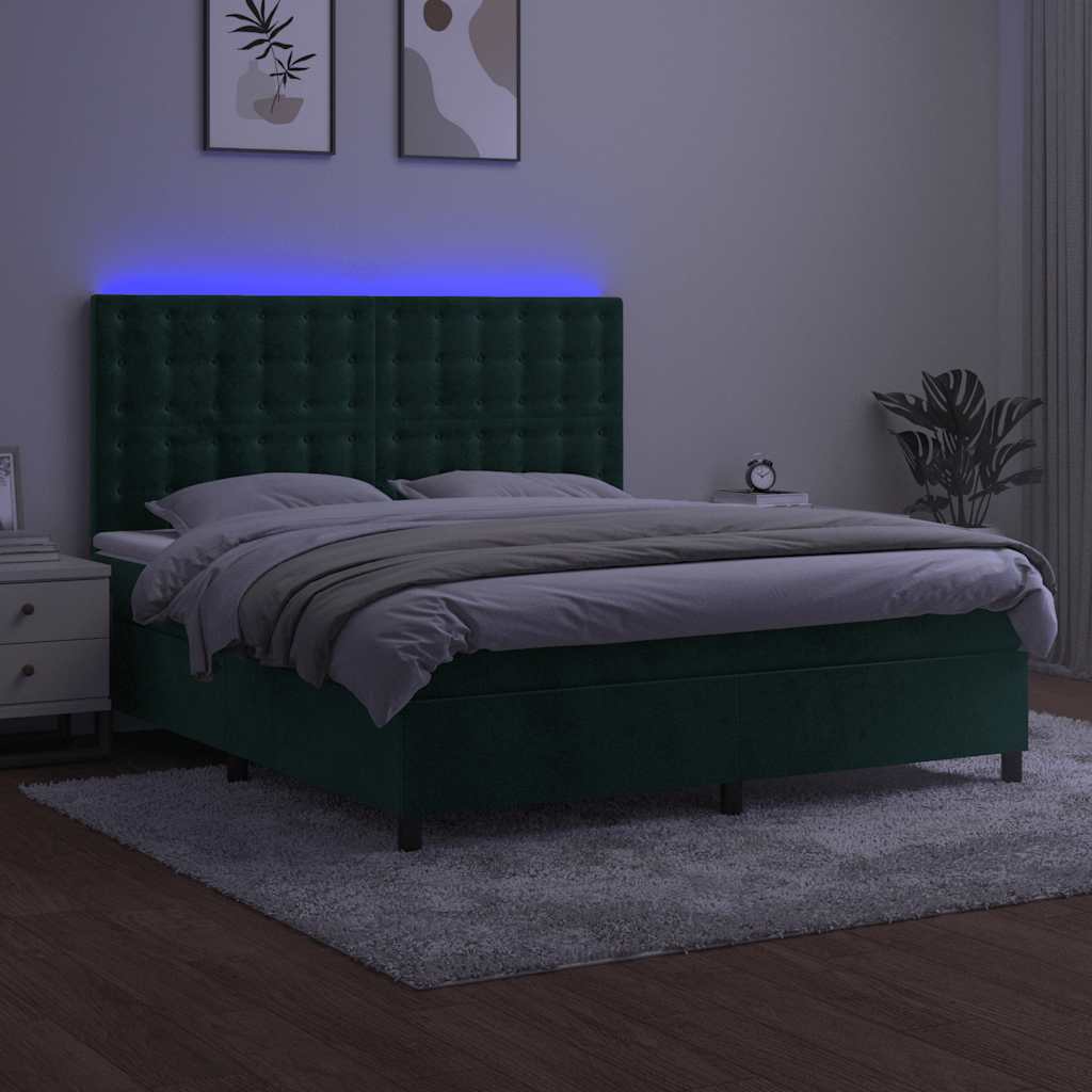 Letto a Molle con Materasso e LED Verde Scuro 180x200cm Velluto