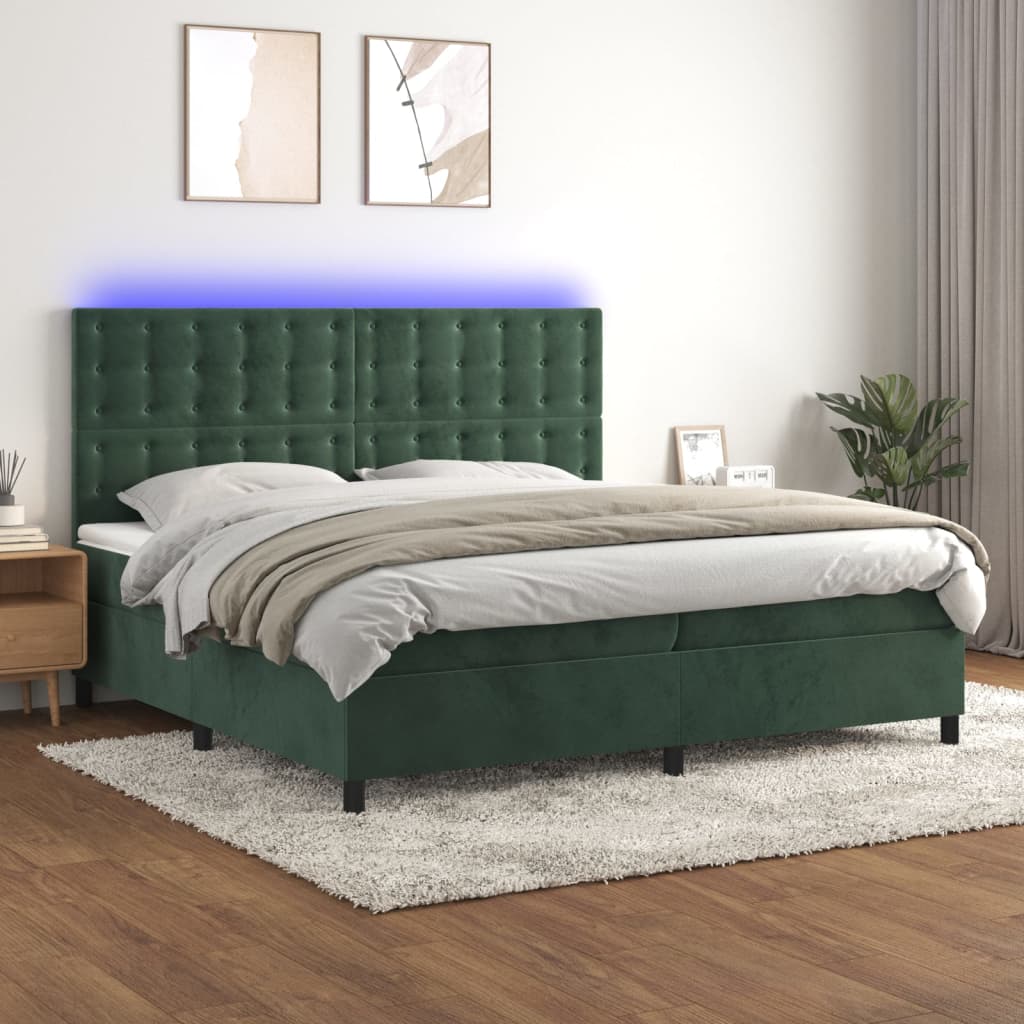 Letto a Molle con Materasso e LED Verde Scuro 200x200cm Velluto