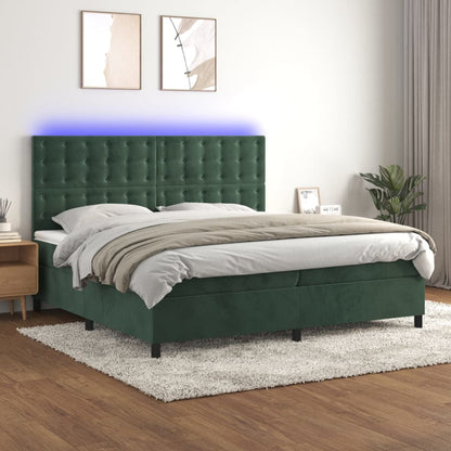 Letto a Molle con Materasso e LED Verde Scuro 200x200cm Velluto