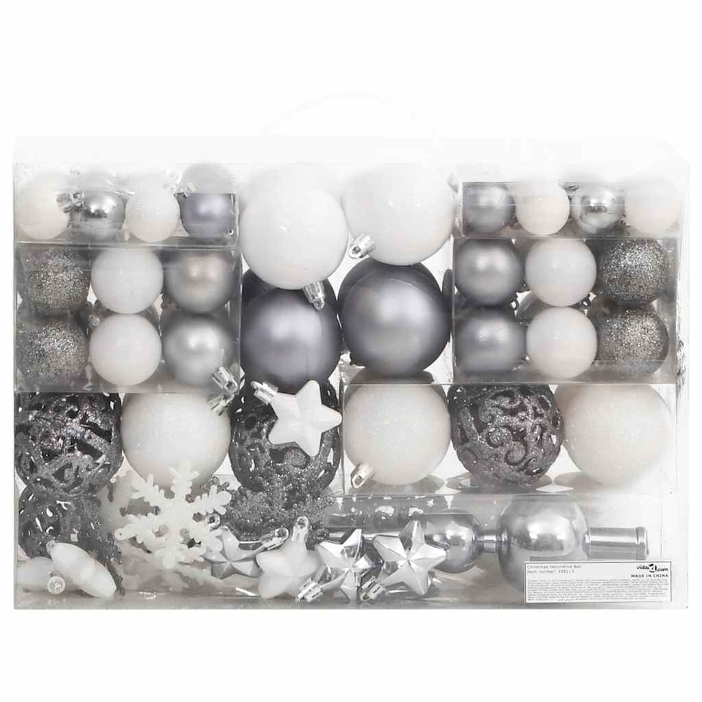 Set Palline di Natale 111 pz Bianco e Grigio in Polistirene | homemem39
