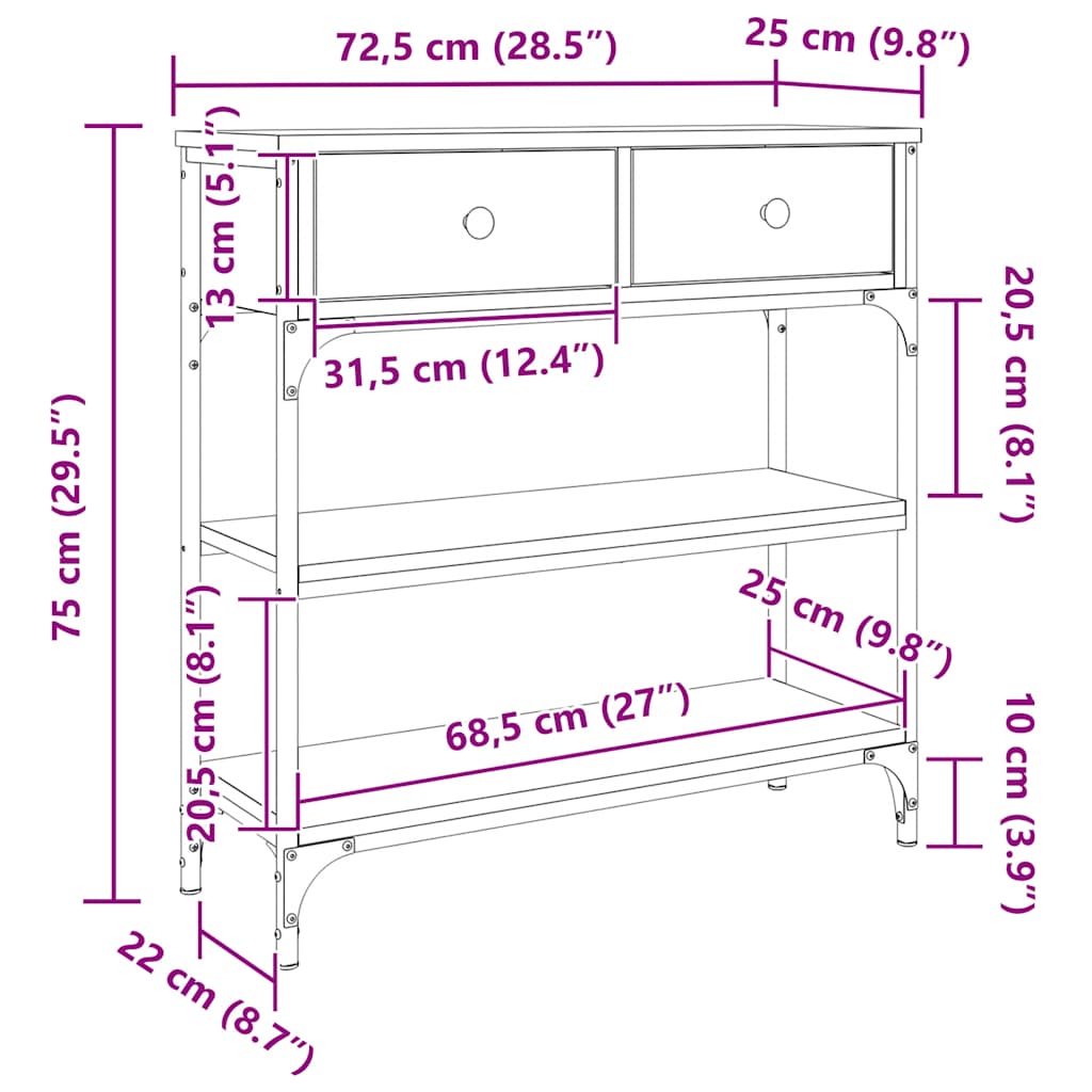 Tavolino Consolle Grigio Sonoma 72,5x25x75 cm Legno Multistrato | homemem39