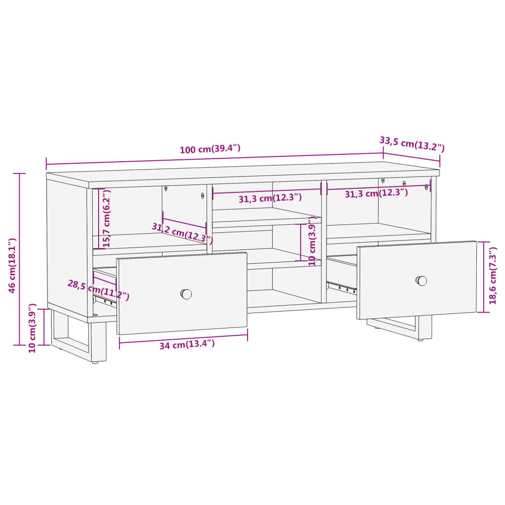 Mobile Porta TV Marrone e Nero 100x33,5x46 cm in Legno di Mango - homemem39