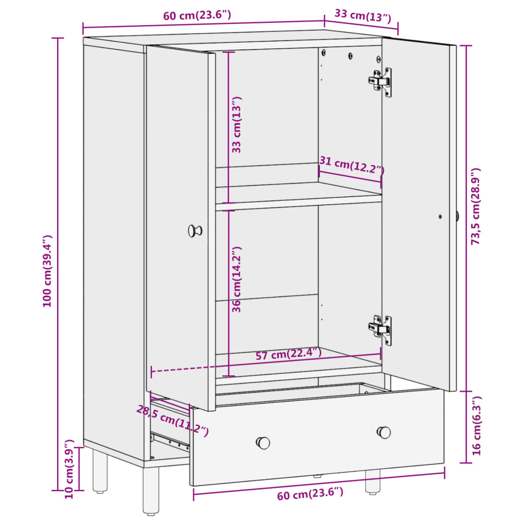 Credenza 60x33x110 cm in Legno Massello di Mango