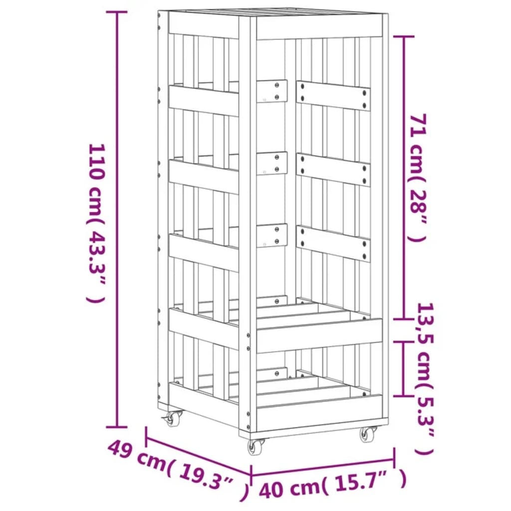 Portalegna con Ruote Bianco 40x49x110 cm Legno Massello di Pino - homemem39