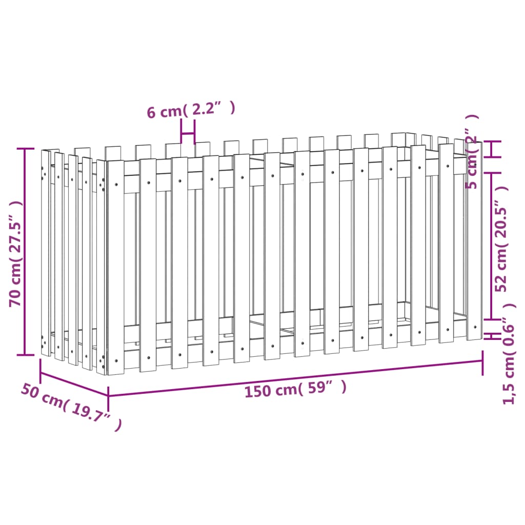 Fioriera Giardino a Recinzione Nera 150x50x70cm Massello Pino | homemem39