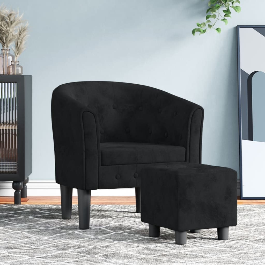 Cabriolet-Sessel mit Fußhocker aus schwarzem Samt