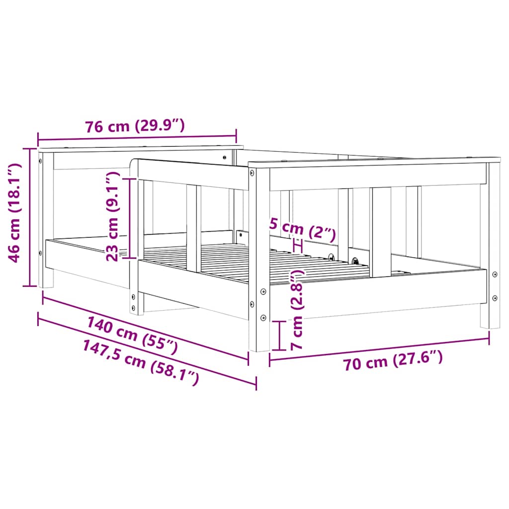 Giroletto per Bambini Bianco 70x140cm in Legno Massello di Pino