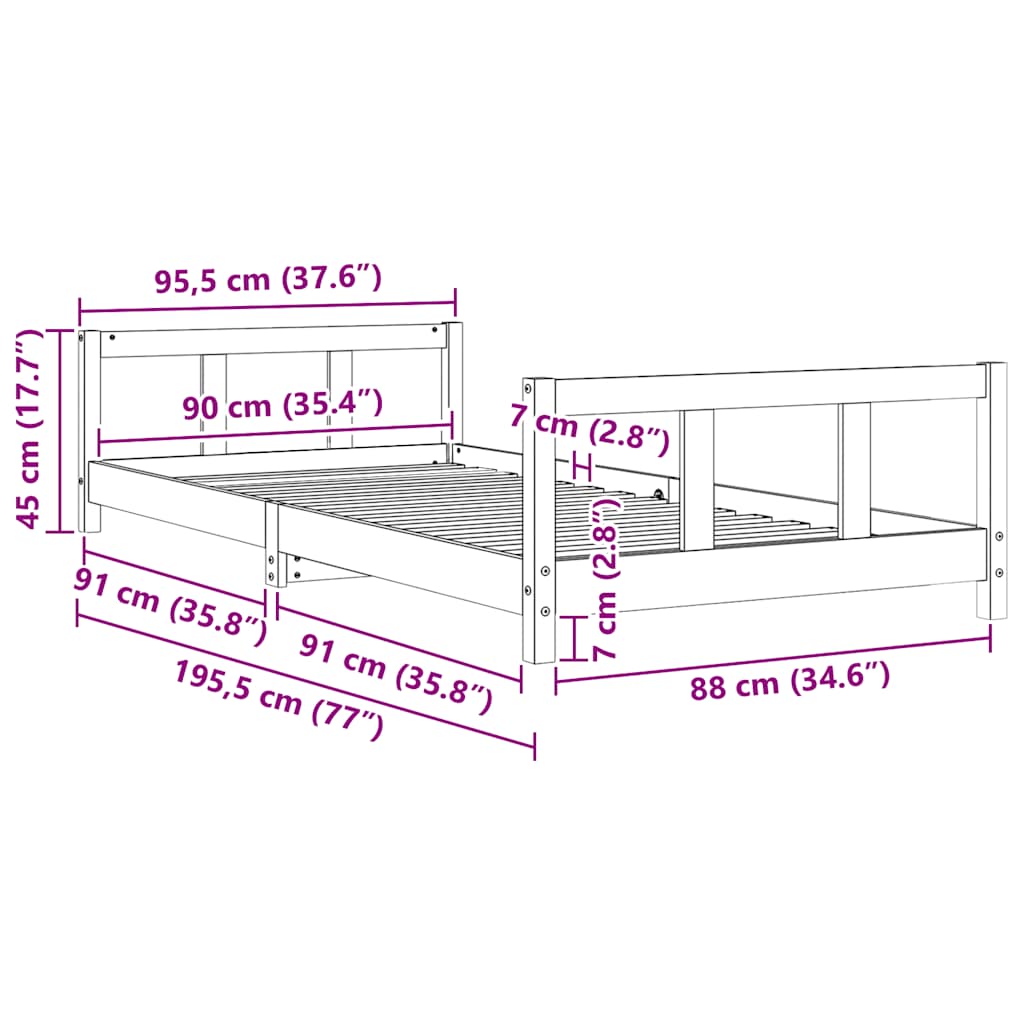 Children's bed frame 90x190 cm in solid pine wood