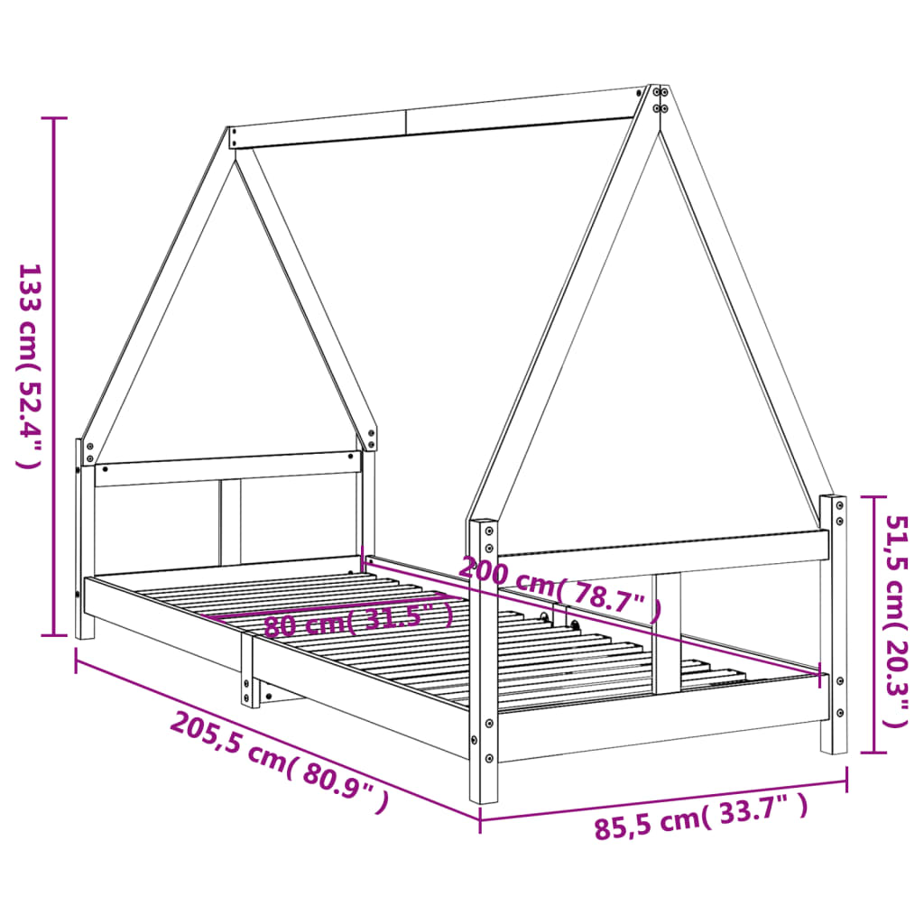 Giroletto per Bambini Nero 80x200 cm in Legno Massello di Pino - homemem39