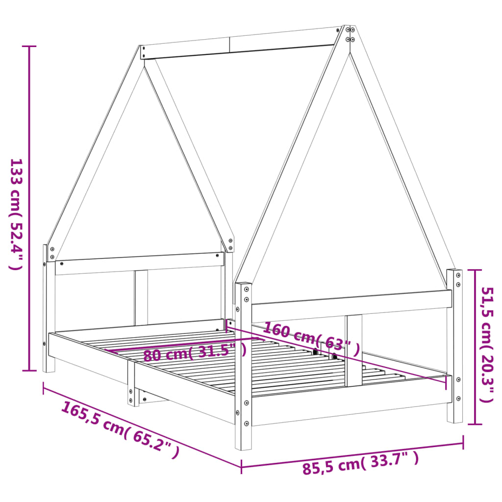 Giroletto per Bambini Nero 80x160 cm in Legno Massello di Pino - homemem39