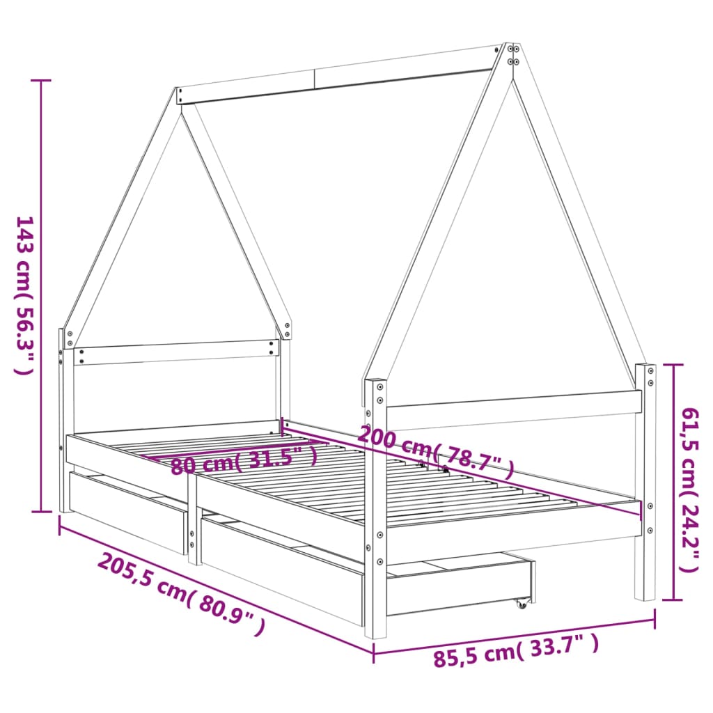 Giroletto Bambini con Cassetti 80x200 cm Legno Massello di Pino - homemem39