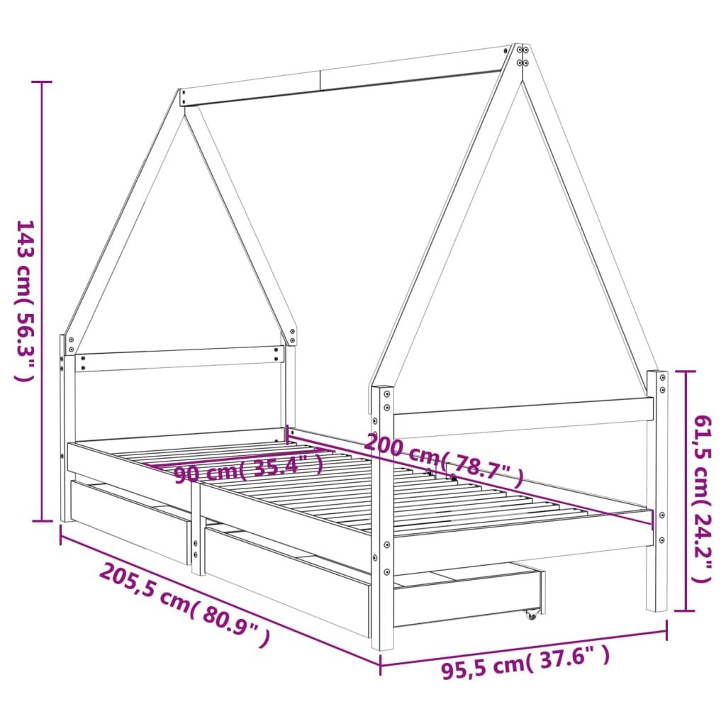 Giroletto Bambini con Cassetti 90x200 cm Legno Massello di Pino - homemem39