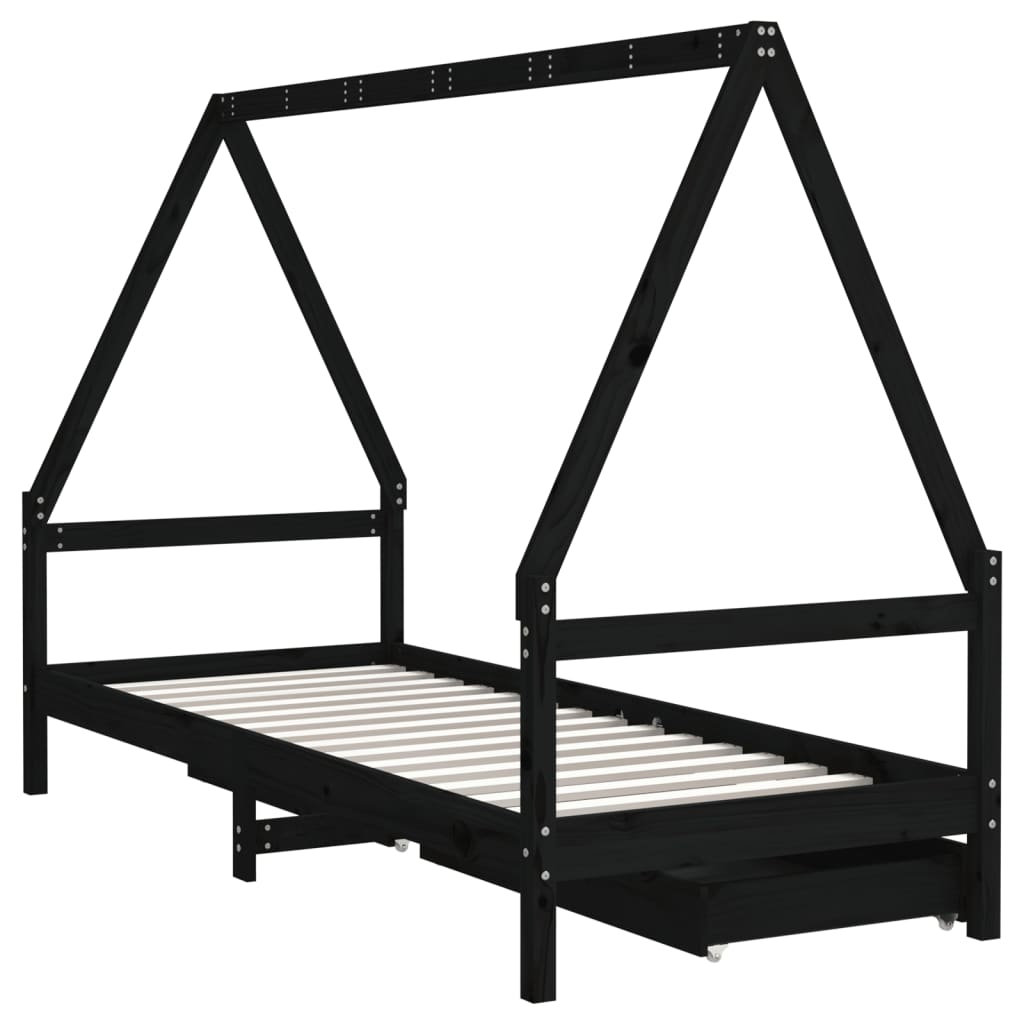 Giroletto Bambini con Cassetti Nero 90x200cm Massello di Pino - homemem39