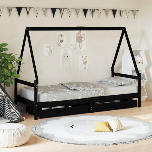 Giroletto Bambini con Cassetti Nero 90x200cm Massello di Pino - homemem39