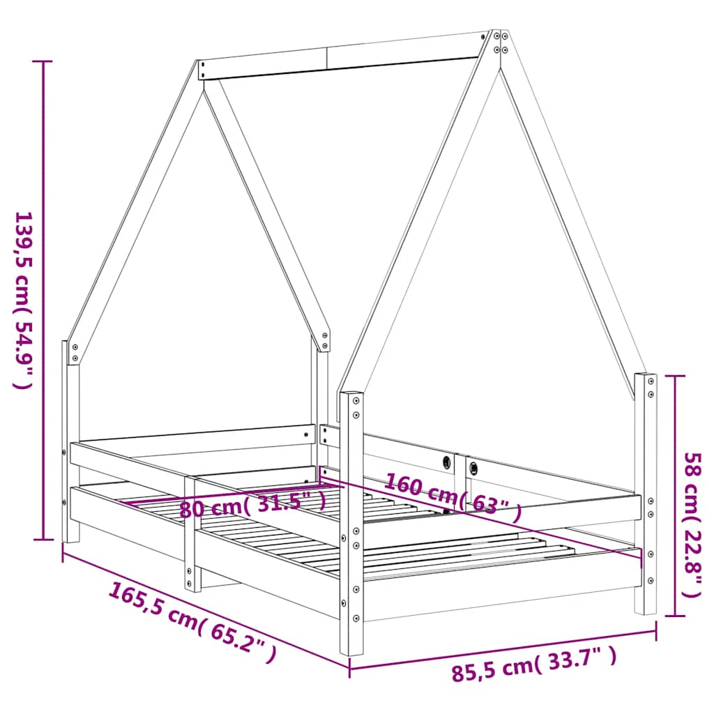 Giroletto per Bambini Nero 80x160 cm in Legno Massello di Pino - homemem39