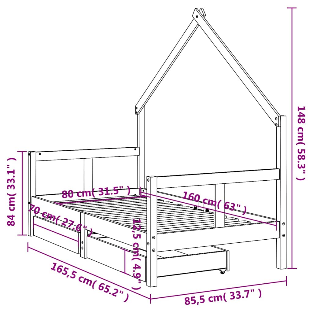 Giroletto per Bambini con Cassetti 80x160cm Legno Massello Pino - homemem39
