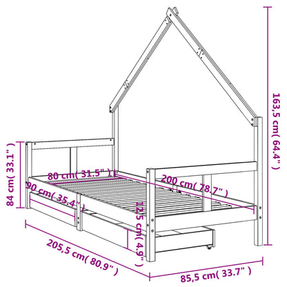 Giroletto Bambini con Cassetti 80x200 cm Legno Massello di Pino - homemem39