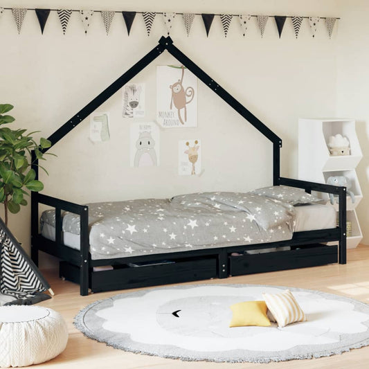 Giroletto Bambini con Cassetti Nero 80x200cm Massello di Pino - homemem39