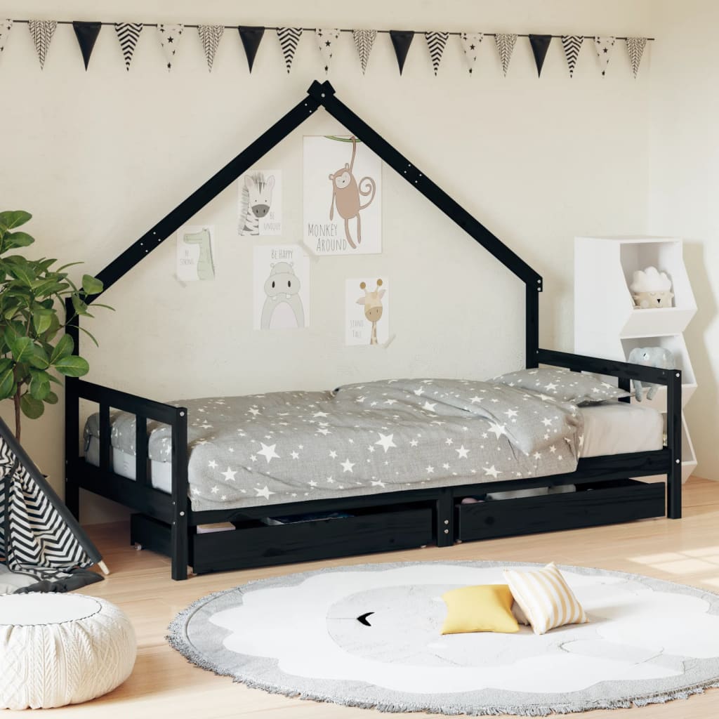 Giroletto Bambini con Cassetti Nero 90x200cm Massello di Pino - homemem39