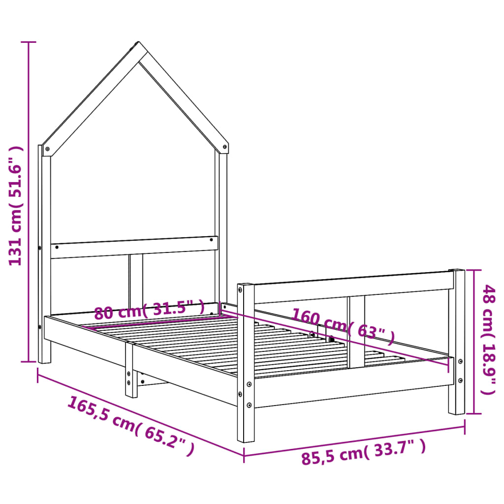 Giroletto per Bambini Nero 80x160 cm in Legno Massello di Pino - homemem39