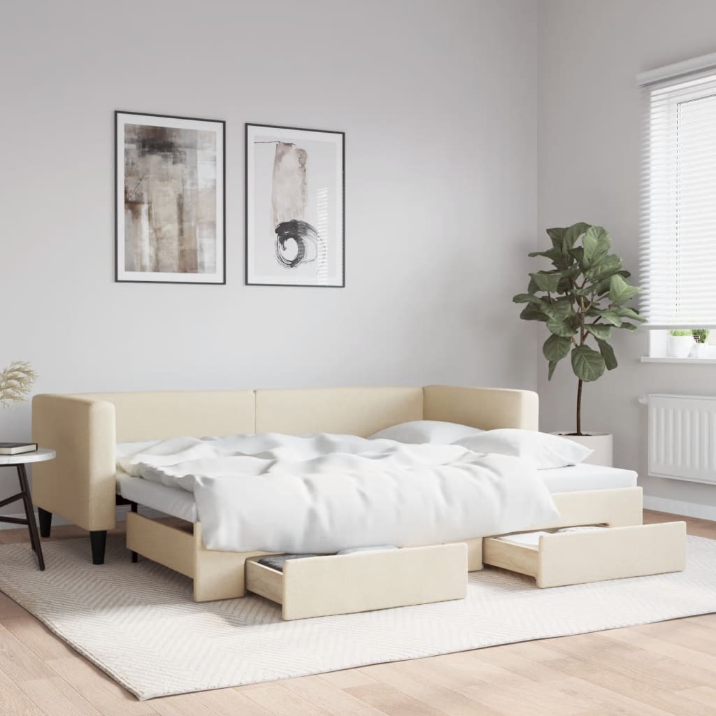 Divano Letto Estraibile con Cassetti Crema 80x200 cm in Tessuto - homemem39