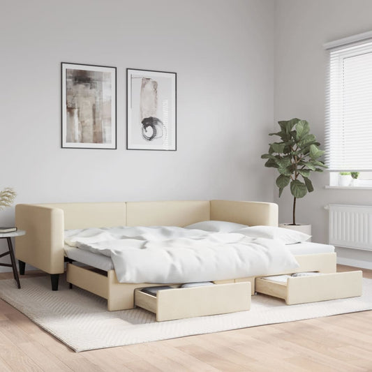 Divano Letto Estraibile con Cassetti Crema 100x200cm in Tessuto - homemem39
