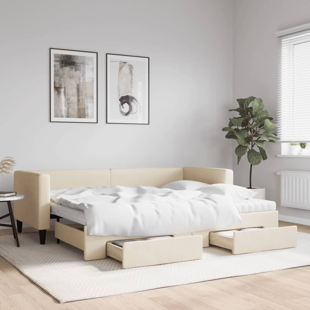Divano Letto Estraibile con Cassetti Crema 80x200 cm in Tessuto - homemem39