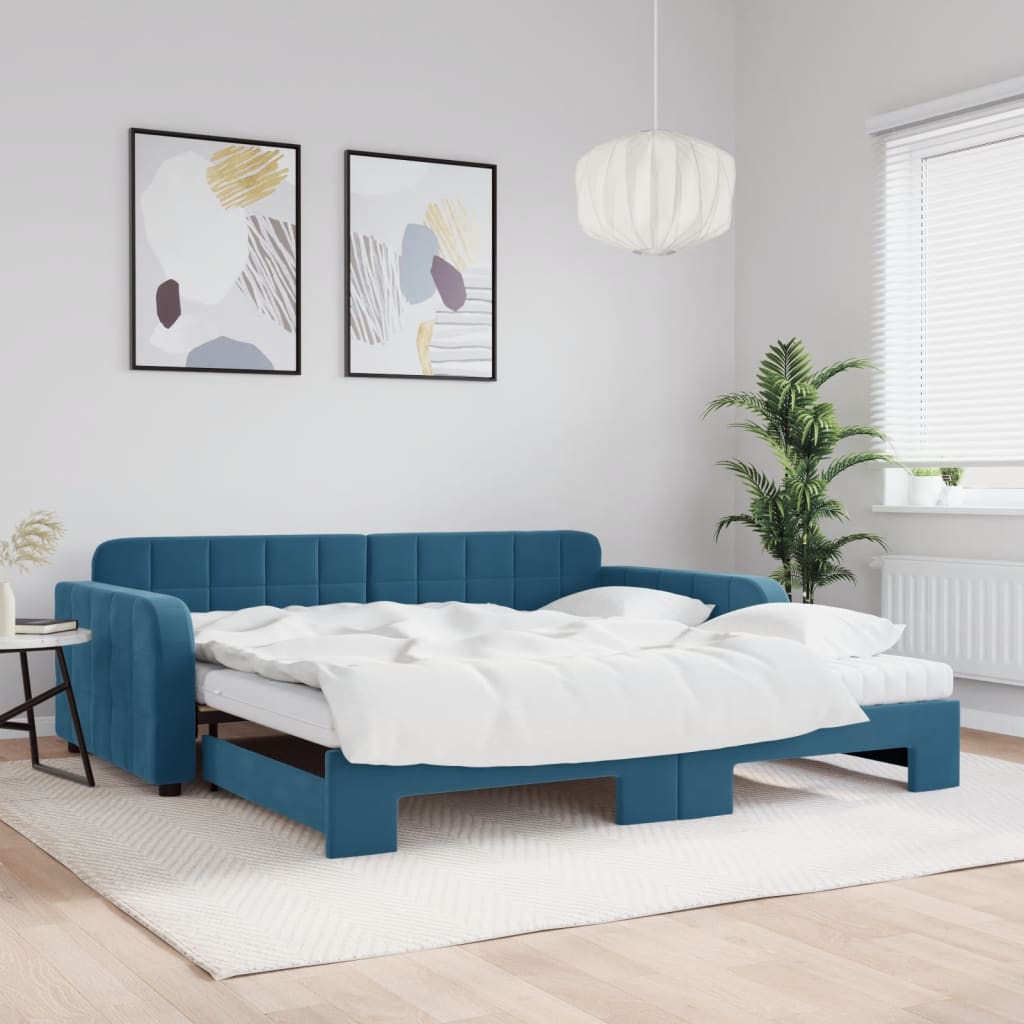 Divano Letto Estraibile con Materassi Blu 100x200 cm Velluto - homemem39