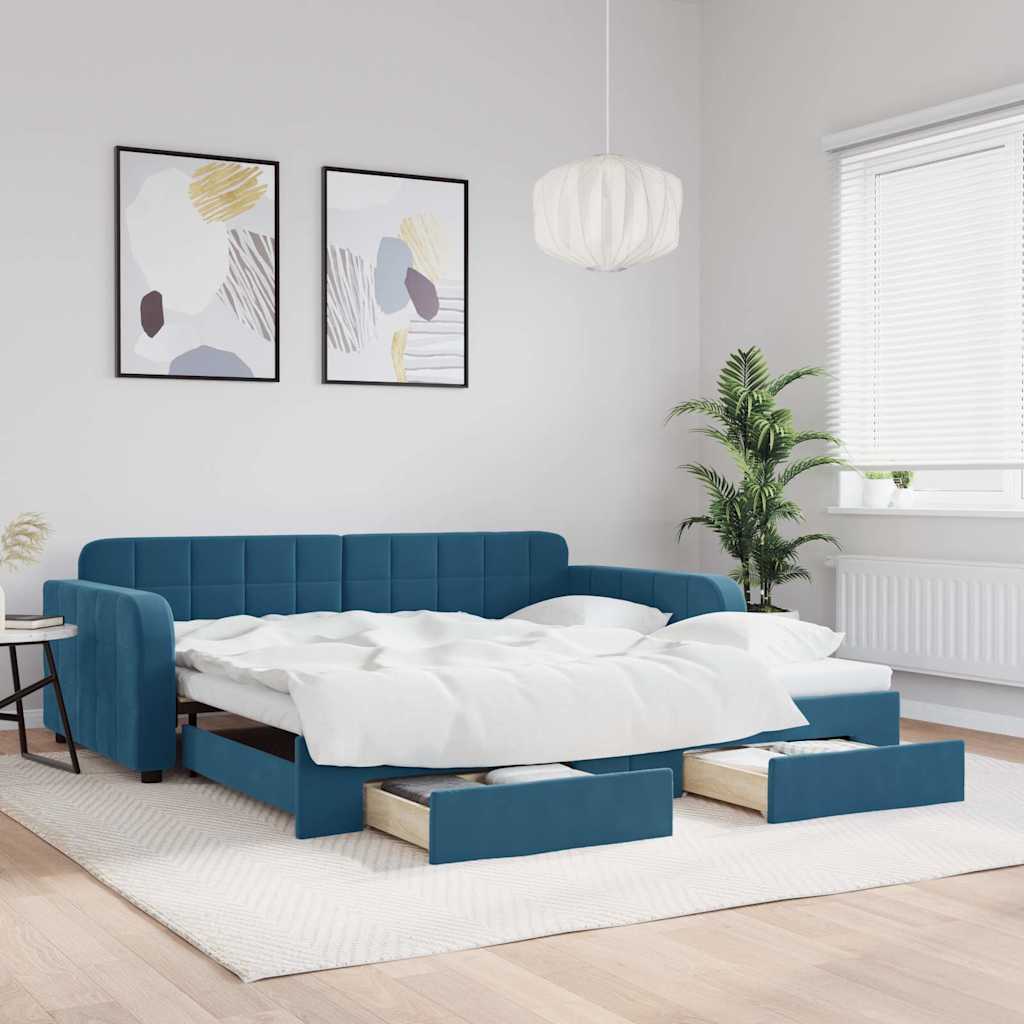 Divano Letto Estraibile con Cassetti Blu 100x200 cm in Velluto - homemem39