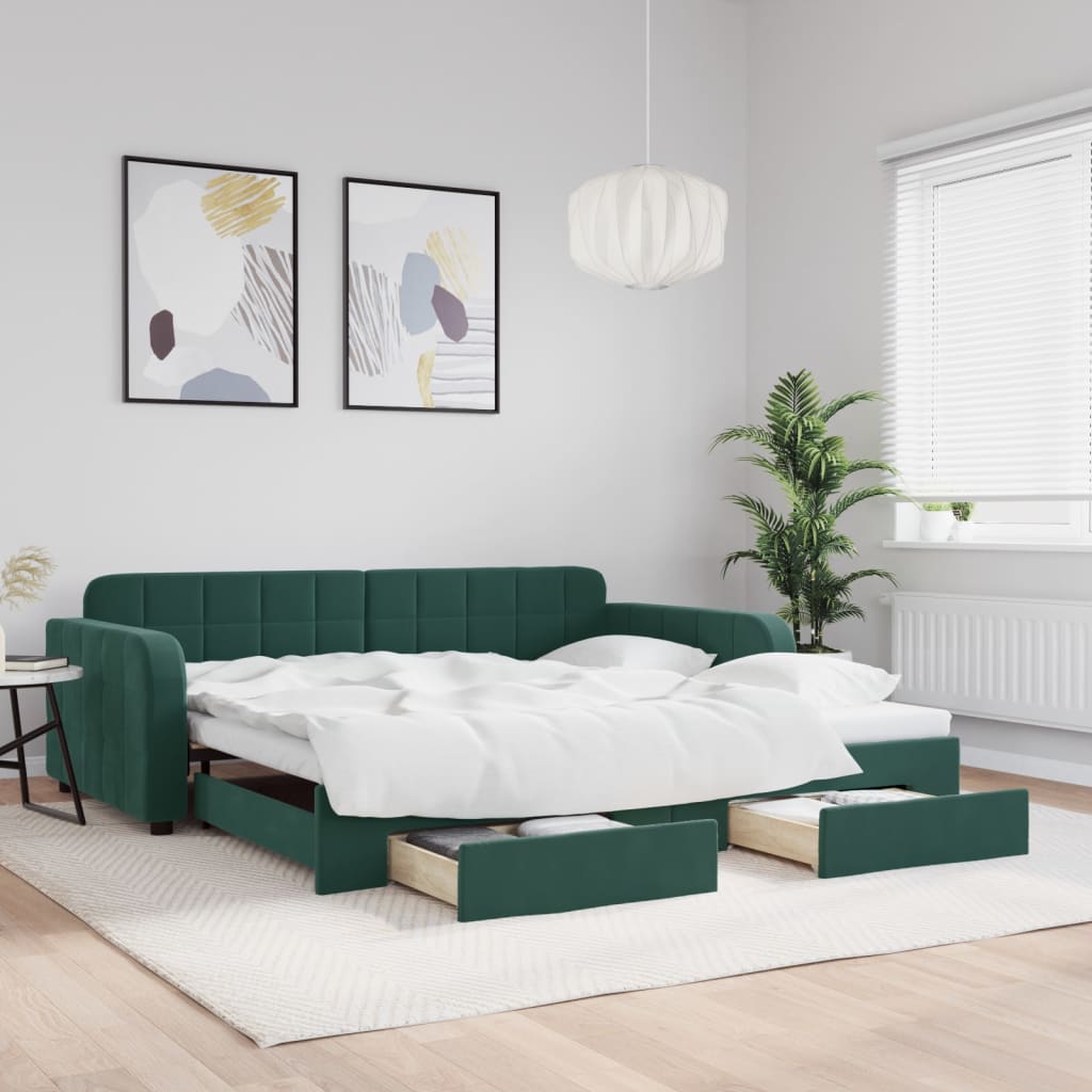 Divano Letto Estraibile Cassetti Verde Scuro 100x200cm Velluto - homemem39