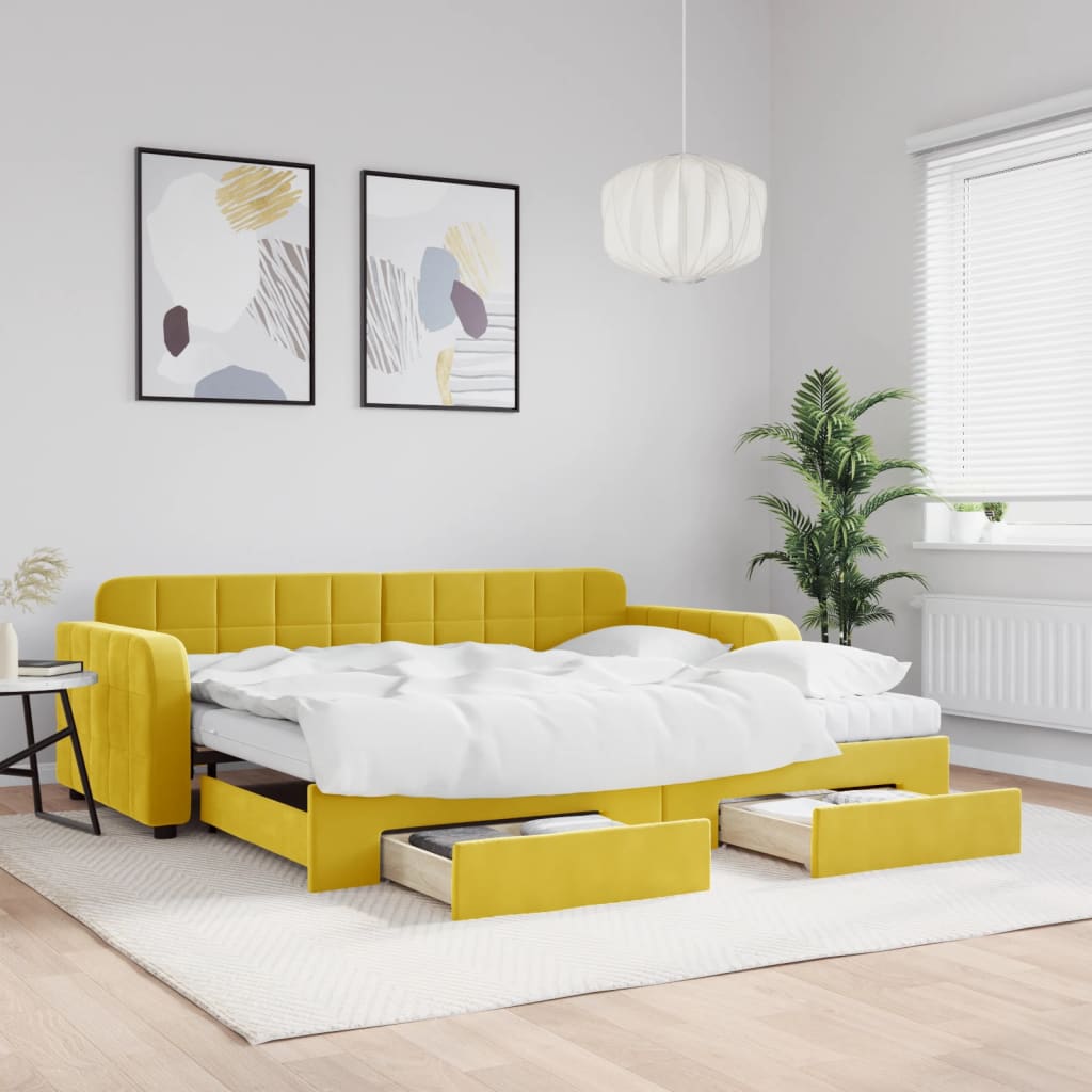 Divano Letto Estraibile con Cassetti Giallo 90x200cm in Velluto