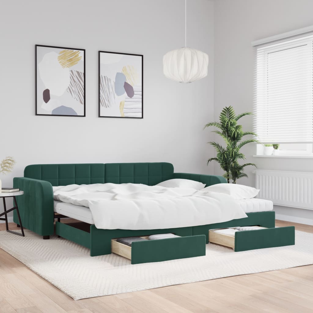 Divano Letto Estraibile Cassetti Verde Scuro 100x200cm Velluto - homemem39