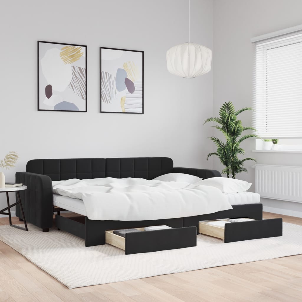 Divano Letto Estraibile con Cassetti Nero 90x190 cm in Velluto | homemem39