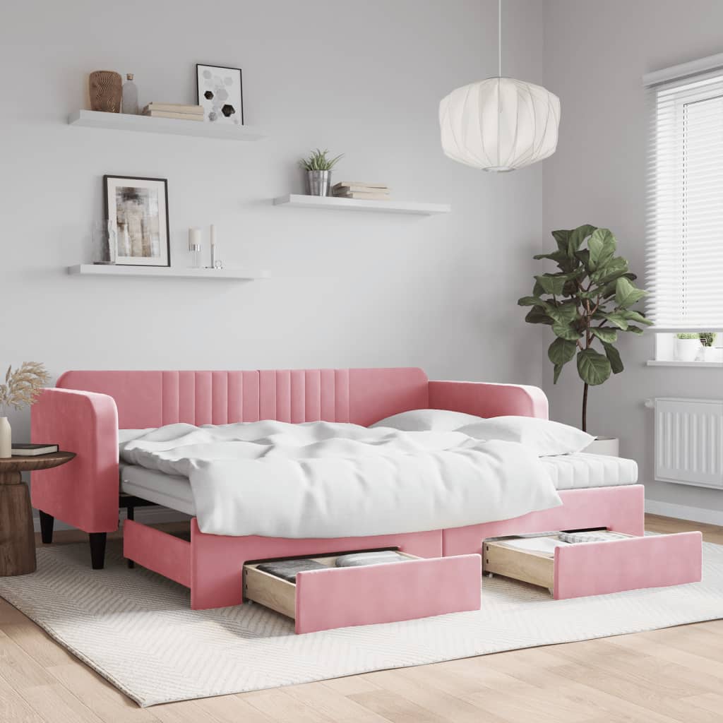 Divano Letto Estraibile con Cassetti Rosa 90x200 cm Velluto